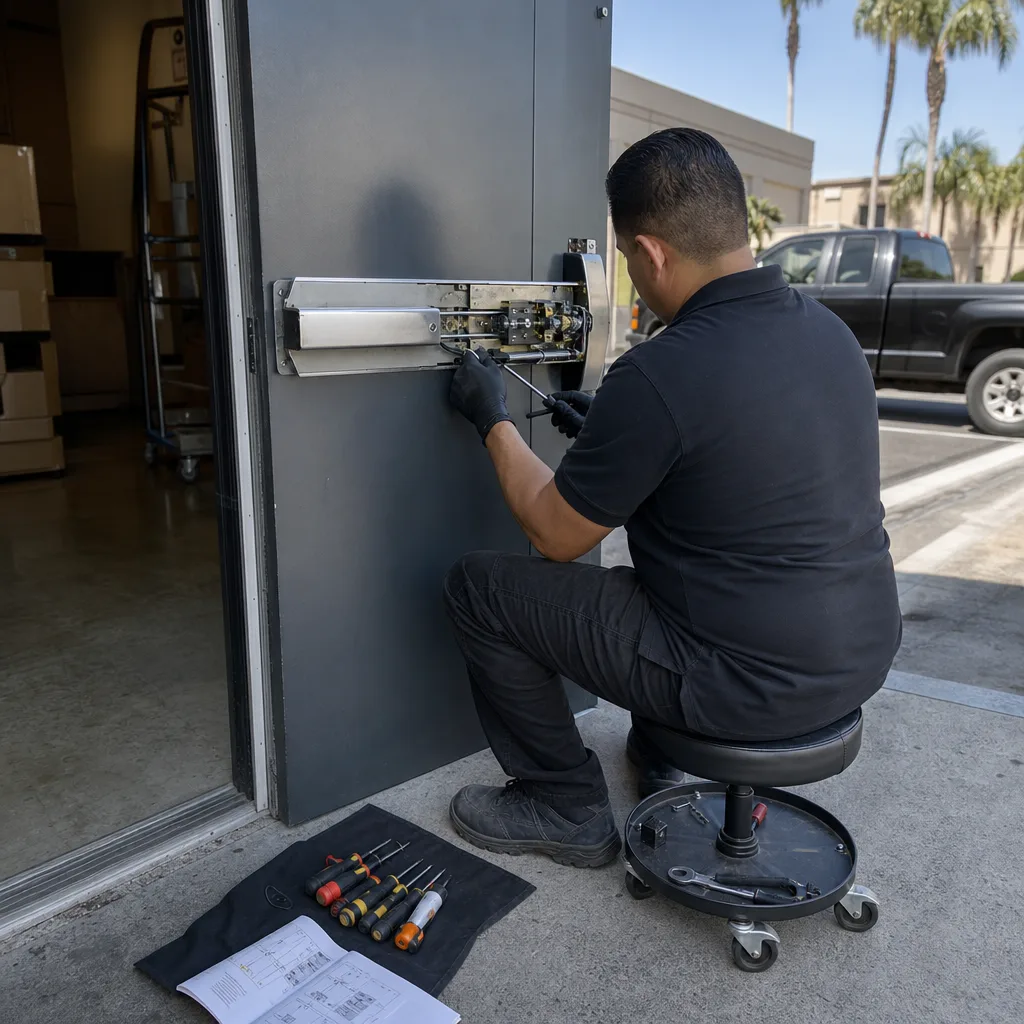 Professional locksmith repairing a commercial panic bar exit device