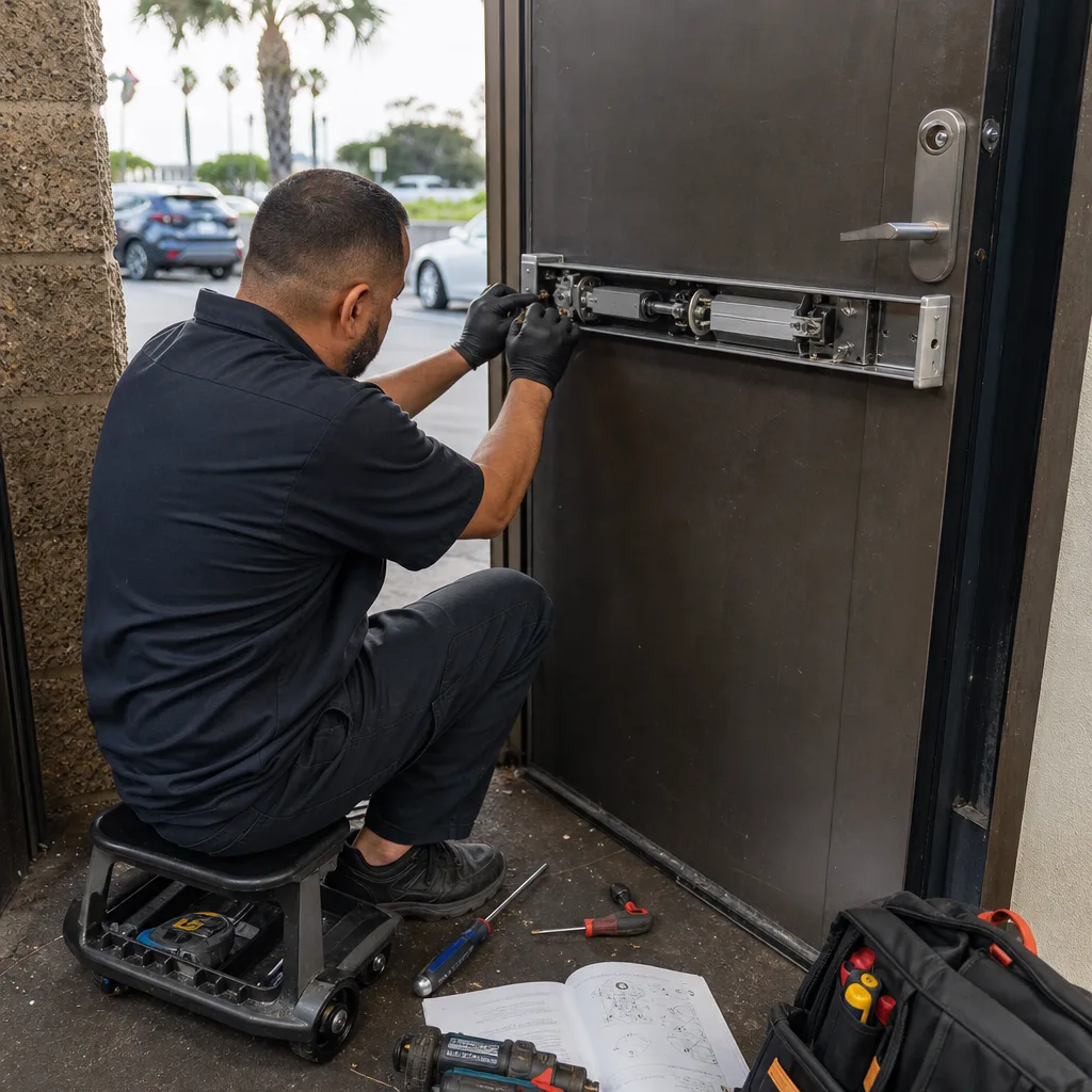 Professional locksmith installing commercial door hardware and security locking mechanism