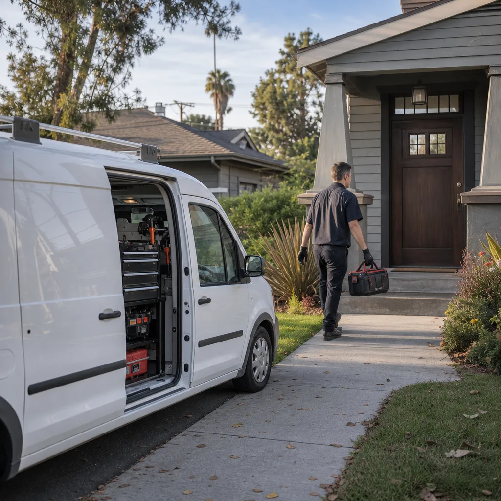 Professional locksmith carrying a tool box to a residential front door