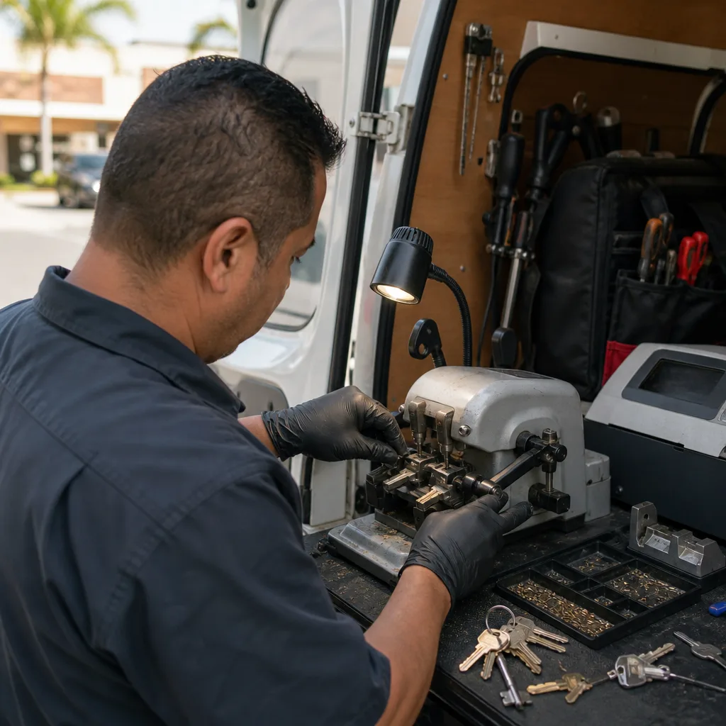 Professional locksmith using a key cutting machine in a mobile van